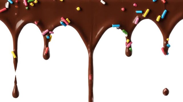 Smooth, dark chocolate drips, scattered with colorful sprinkles, against a bright white background
