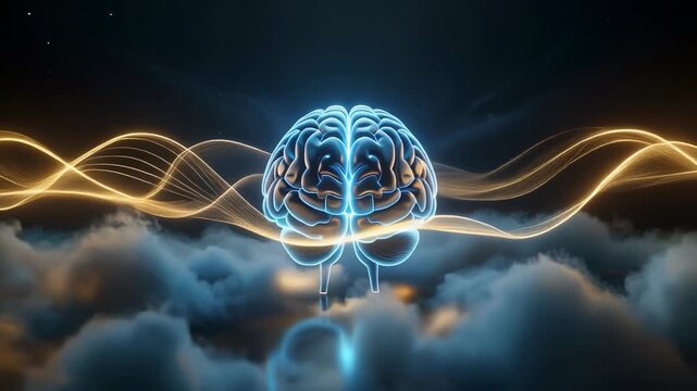 A glowing blue brain floats above clouds surrounded by swirling golden lines in a dark environment from a frontal viewpoint