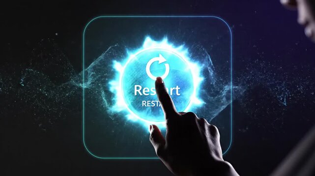 Person touching restart button on futuristic interface
