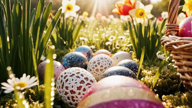 Colorful Easter Eggs Hidden Amongst Spring Flowers in Sunlight.