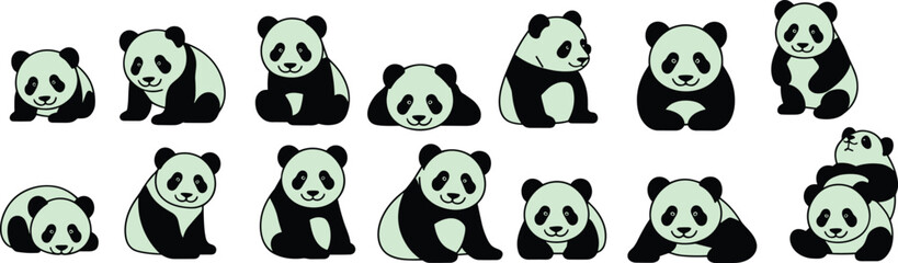 Cute cartoon panda bear character set in different poses, adorable animal illustration collection for kids design and wildlife concepts © DolanAktar