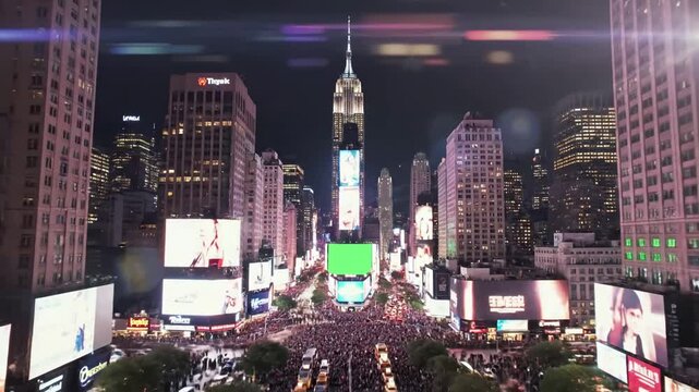 Green Screen new york city night aerial landscape with manhattan skyscrapers and crowded times square tourist landmark cinematic drone view mock up billboards commercials neon lights scene 3