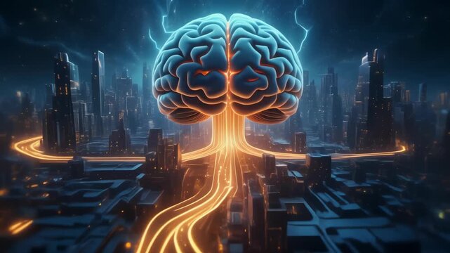 Glowing brain illustration connected to cityscape with flowing energy lines representing innovation and technology