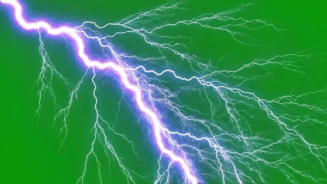 Green Screen thunder lightning bolt with background scene 3 distortion, overlay, glitch, static noise, scan lines on black background, 4k animated video loop
