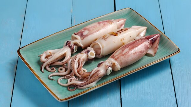 Three whole cooked squid with tentacles arranged on a rectangular teal ceramic plate, resting on a distressed aqua blue wooden surface.