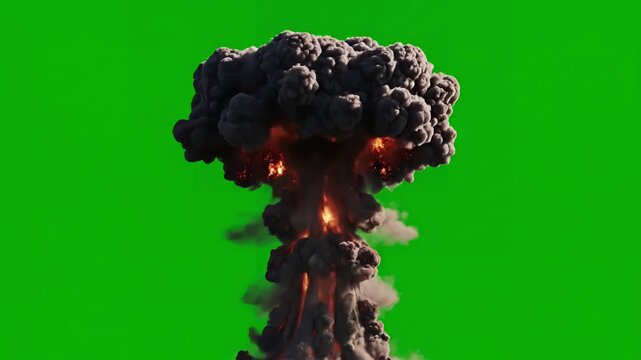 Green Screen the explosion of a nuclear bomb realistic 3d animation atomic with fire smoke and mushroom cloud in front scene 3 distortion, overlay, glitch, static noise, scan lines on black