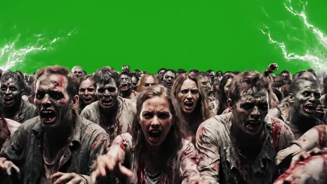 Green Screen a large crowd of zombies apocalypse halloween concept 4k animation scene 3 with distortion, overlay, glitch, static noise, scan lines on black background, animated video loop