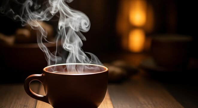 A steaming cup of wedang jahe on a wooden table with rising smoke