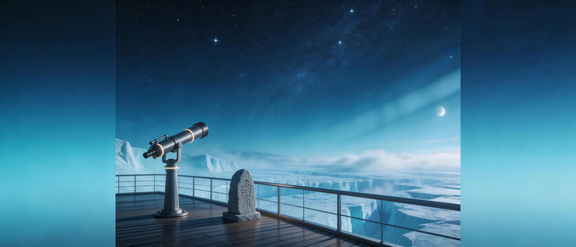 a telescope on the deck of an ice-covered passage with a view of antarctica and the night sky. photorealistic.