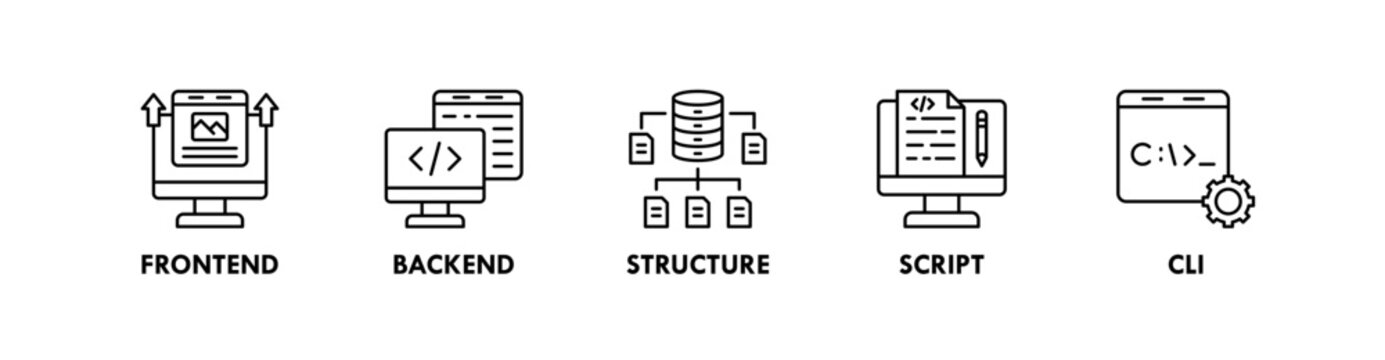 Coding and Programming banner web icon illustration concept with icon of frontend, backend, structure, script, cli