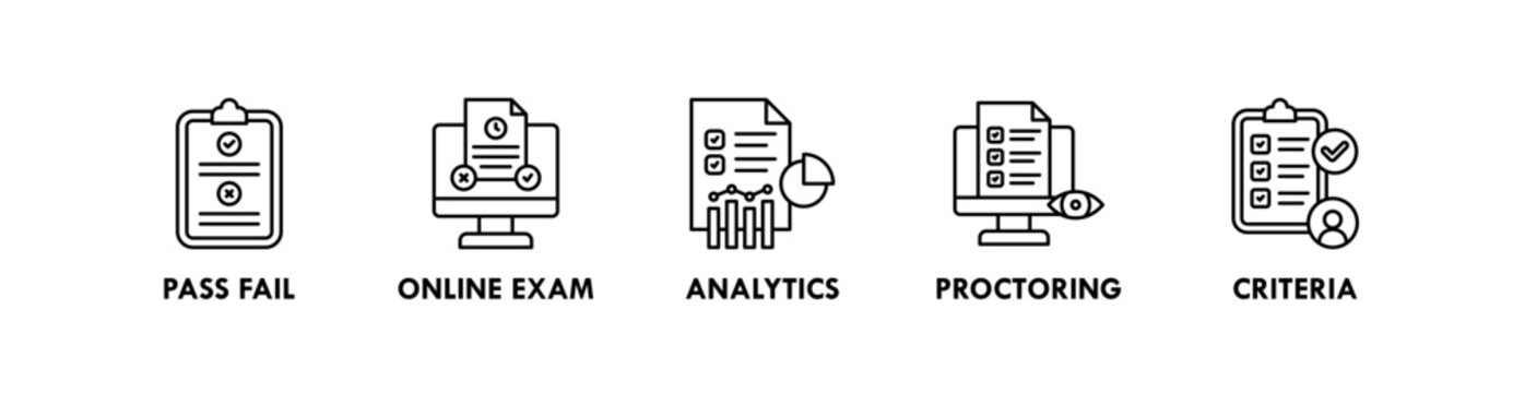 Exam and Assessment banner web icon illustration concept with icon of pass fail, online exam, analytics, proctoring, criteria