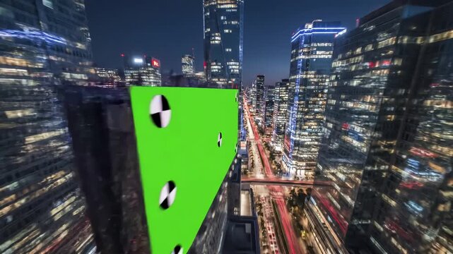 Green Screen aerial top view of skyscrapers and build board with tracking point bird modern city at night streets scene 3 distortion, overlay, glitch, static noise, scan lines on black background, 4k