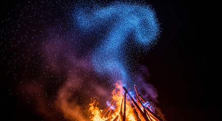 Bonfire with blue smoke in mystical night sky with stars in warm orange glow for outdoor adventure