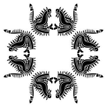 Geometrical ethnic cross shape frame with heads of fantastic monsters. Native American design of Aztec Indians. Black and white silhouette.