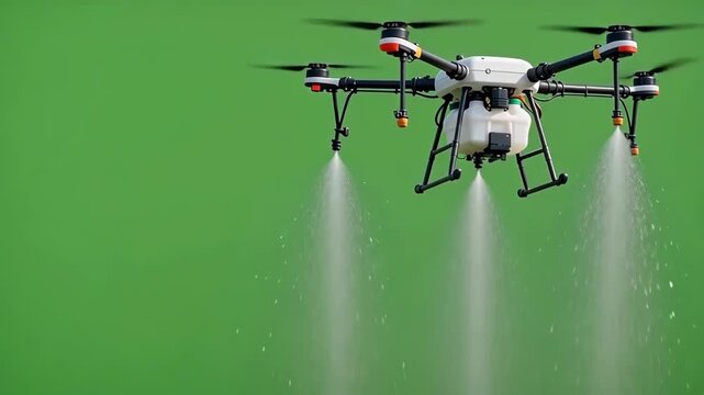 Agricultural Spraying Drone Spraying Liquid on Green Screen