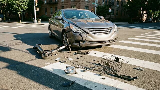 Car accident with scooter and debris scattered on crosswalk after collision showing aftermath of vehicle catastrophe