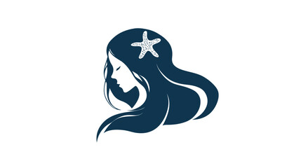 Obraz premium A side profile of a woman with long hair and a starfish. Dark blue illustration