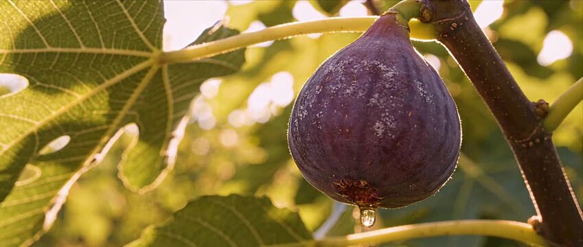 Fig fruit purple leaf tree branch nature garden summer sunlight cinematic ripe fig hanging on branch with dew drop glow in warm morning light organic farm orchard closeup serene atmosphere