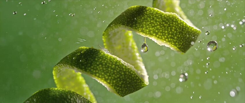 Lime peel green fruit citrus spiral water splash macro detail fresh texture juicy zest curl floating air vibrant background cinematic closeup kitchen ingredient twist drop motion refreshing summer
