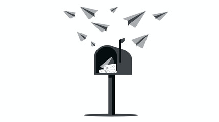 A grayscale illustration of a mailbox overflowing with letters as paper airplanes fly away