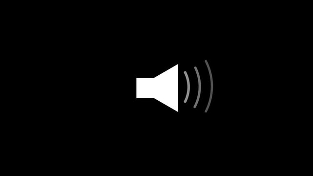 A white speaker with three white sound waves emanating from it on a black background representing audio output or volume