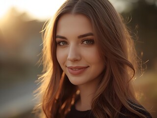 Fototapeta premium Young woman with long brown hair smiling softly in golden hour outdoor portrait with warm bokeh background