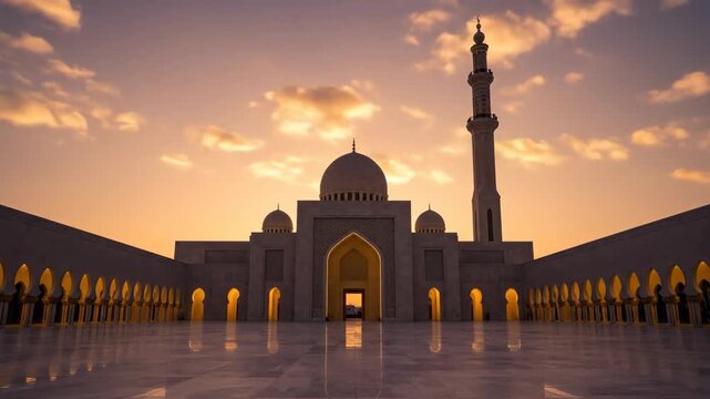 Minimalist Elegant Mosque Timelapse Sunset Before Maghrib Clean Islamic Architecture Background