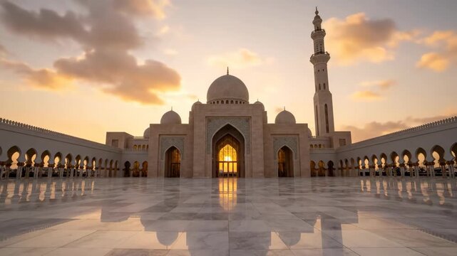 Minimalist Elegant Empty Mosque Timelapse Sunset Before Maghrib Clean Islamic Architecture Background