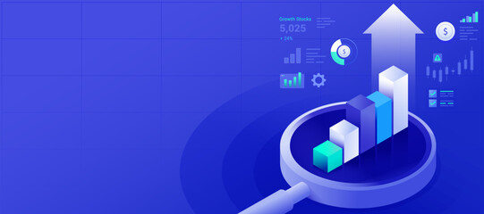 Obraz premium Data Analytics and Market Growth Investment Strategy Concept with 3D Bar Chart Banner