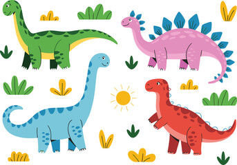 Playful cartoon dinosaur illustration with Brachiosaurus, Stegosaurus, plants, and sun © Aiyan