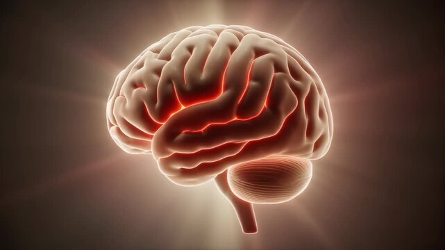 A glowing human brain illuminated from within, showcasing the cerebral cortex and brain stem in a dark environment from a frontal viewpoint