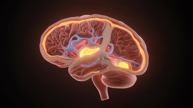 Detailed 3D illustration of human brain anatomy with highlighted sections viewed from the side