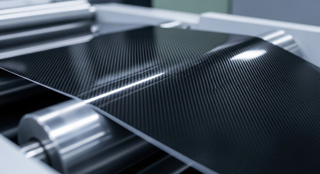 Carbon fiber sheet passing through machine rollers manufacturing process