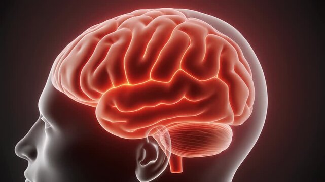 Human brain highlighted in red, visible through transparent head, illustrating neurological activity, from a lateral viewpoint, in a medical context, as a 3D rendering
