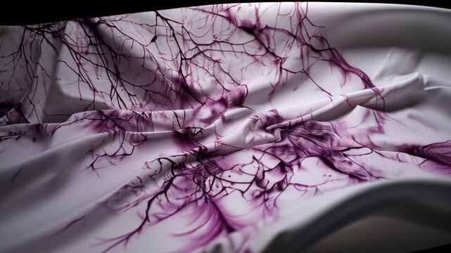 Textile Design: Abstract Fabric with Purple Patterns and Wrinkled Material Featuring Flowing Shapes and Elegant Fabric for Modern Decor