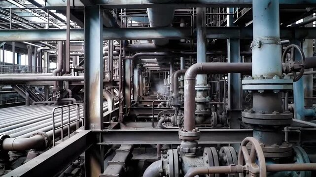 complex system of intertwined pipes and metal structures at an old industrial facility with the camera moving slowly through an industrial labyrinth of valves flanges and iron supports