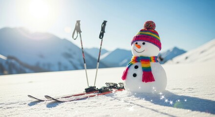 A cheerful snowman, wearing a colorful knitted hat and scarf, stands beside ski equipment on a bright, sunny white slope in the snowy mountains.