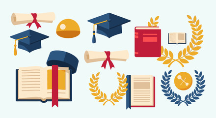 Graduation ceremony elements including caps, diplomas, and awards arranged together.