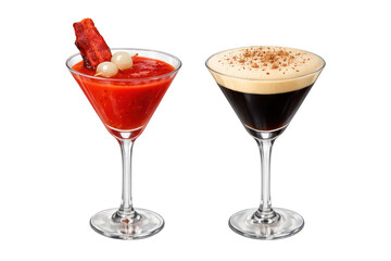 Bloody mary cocktail with bacon and espresso martini with foam in martini glasses on transparent background