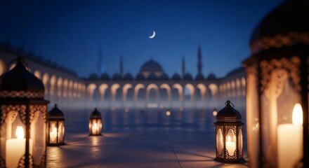 Fototapeta premium Serene Mosque Courtyard at Night with Lanterns and Crescent Moon.