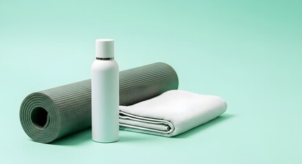 Naklejka premium Rolled yoga mat, white towel, and a sleek white spray bottle on a clean, light mint green background providing a fresh studio look