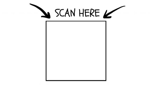 Scan Here Placeholder for QR Code or Barcode with Hand-Drawn Arrows.