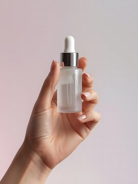 Hand holding empty dropper bottle for skincare serum close-up minimalist beauty product