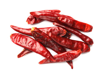 Red hot chili peppers isolated on white, top view