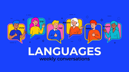 Multilingual Communication Concept Banner: Diverse People Conversing in Different Languages (Hola, Bonjour, Hallo). Language Learning Illustration. © Mr