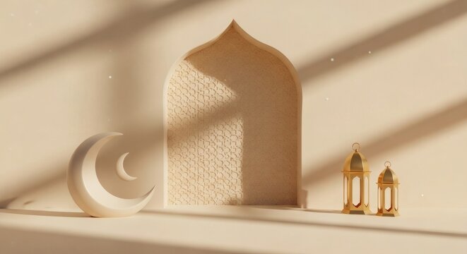 Islamic themed decorative objects with crescent moon and lanterns.