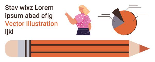 Fototapeta premium Data presentation, education, creative process, analytics, professional tools, and design . A woman pointing, a pie chart and a graphic pencil. Data presentation and education concepts