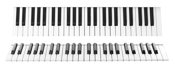 Piano keyboard on white background, collage. Top and side view