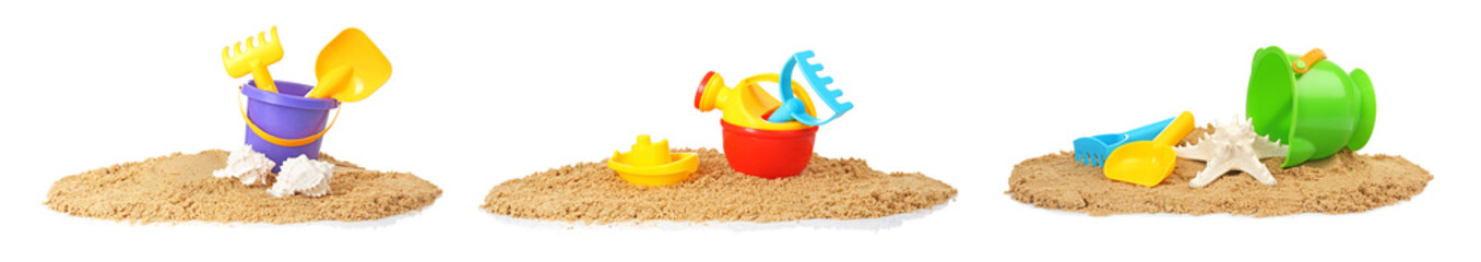 Plastic beach toys for kids isolated on white, set