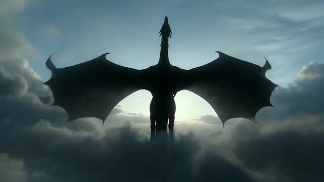 A majestic dragon silhouette stands tall amidst cloudy skies with a person standing on its head in a dramatic dark scene